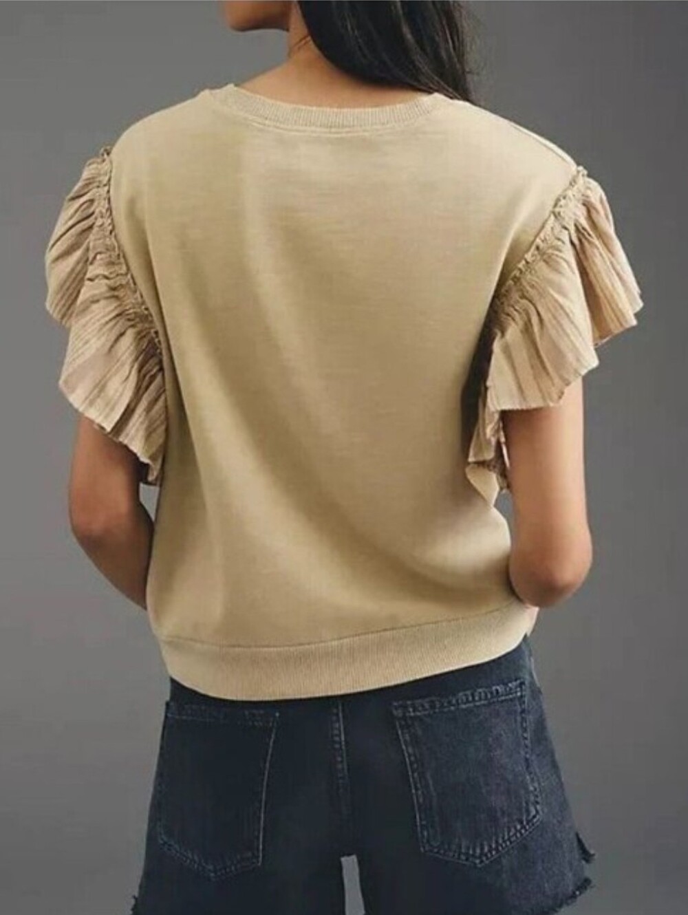 Pilcro Chambray Flutter-Sleeve Sweatshirt Tee in a sand color